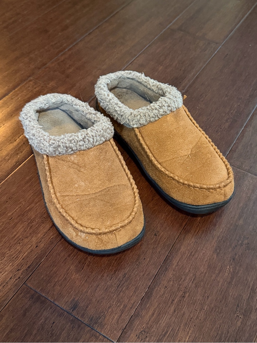 isotoner Tan Suede Clog Slippers with Gray Sherpa Trim